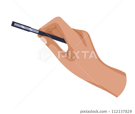 Writing tool in hand. Hand holding pen, pencil, marker and highlighter. Pen, pencil, stylus, felt-tip pen in arm 112137829