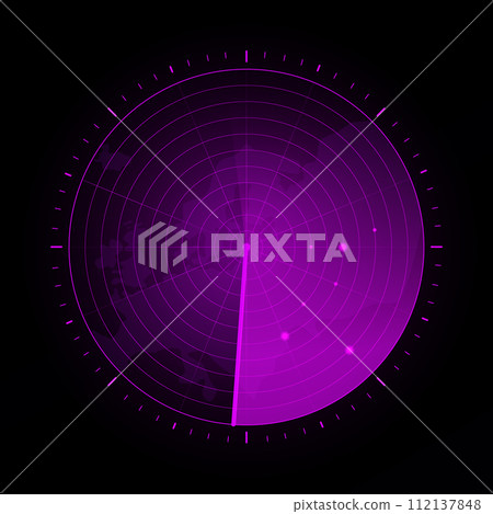 Purple radar screen. Military search system. Futuristic HUD radar display. HUD radar display. 112137848