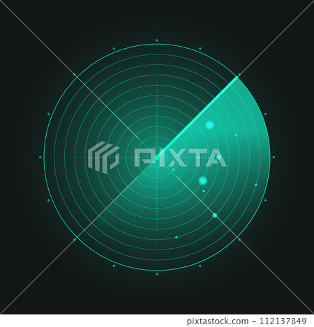 Green radar screen. Military search system. Futuristic HUD radar display. HUD radar display. 112137849