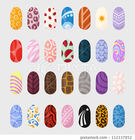 Ideas of nails design art. Bright colorful manicure set. Colorful glossy decorative polish collection with texture and print for finger nail. Ideas of nails design art. Bright colorful manicure set. Colorful glossy decorative polish collection with texture and print for finger nail. 112137852