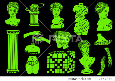 Psychedelic sticker pack. Neon Acid Sticker Pack. Abstract greek ancient sculpture and surreal elements. Psychedelic stickers with antique greek sculpture. 112137858
