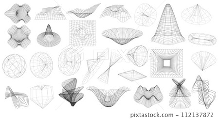 Retro futuristic y2k geometry design elements collection. 3d shapes, wireframe, cyberpunk windows and perspective grids. Aesthetic y2k geometric elements and wireframe shapes 112137872