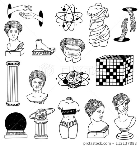 Abstract greek ancient sculpture and surreal geometric shapes. Set of stickers, pins, patches in trendy psychedelic weird cartoon style. Vector illustration EPS10 112137888