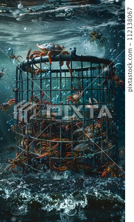 Iron traps with small crabs in the water, catching crabs from a ship 112138067