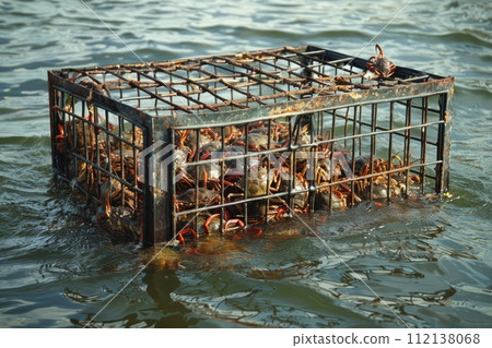 Iron traps with small crabs in the water, catching crabs from a ship Iron traps with small crabs in the water, catching crabs from a ship 112138068