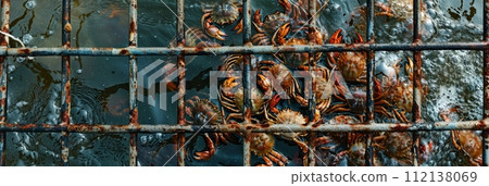 Iron traps with small crabs in the water, catching crabs from a ship, banner 112138069