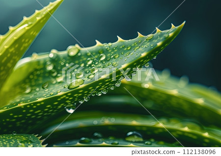 A close up of a green aloe vera plant with water drops on the leaves, displaying beautiful macro photography of this terrestrial houseplant, cosmetic concept 112138096