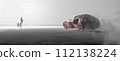 Man with Suitcase Standing Next to a Classic Car in a Monochromatic Foggy Landscape 112138224