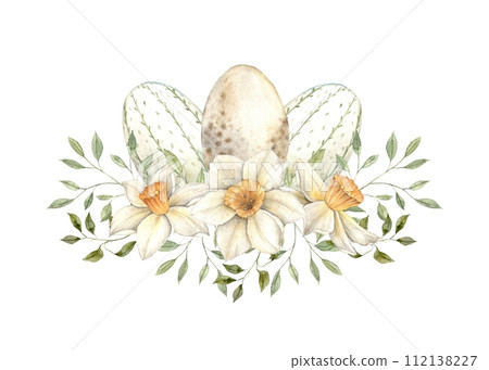 Watercolor Easter composition with green herbs, beautiful daffodils, light and yellow eggs. Easter holiday illustration hand drawn. Sketch on isolated background for greeting cards, invitations, happy Watercolor Easter composition with green herbs, beautiful daffodils, light and yellow eggs. Easter holiday illustration hand drawn. Sketch on isolated background for greeting cards, invitations, happy 112138227