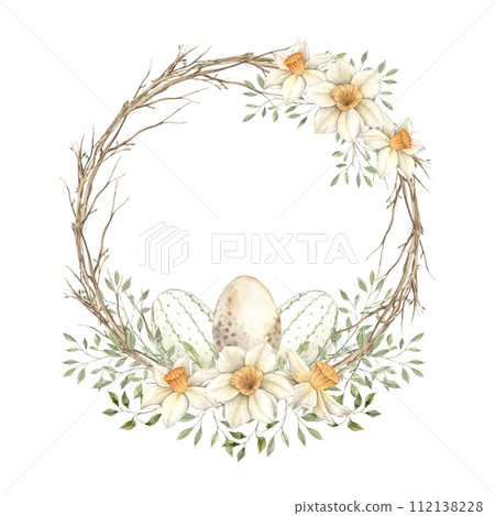 Watercolor Easter wreath of spring branches, with green leaves, daffodils and eggs. The illustration is hand drawn on an isolated background. Drawing for greeting cards, invitations, posters, book ill 112138228
