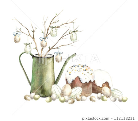 Watercolor Easter composition of Easter cake, eggs and twigs. Easter holiday illustration hand drawn. Sketch on isolated background for greeting cards, invitations, happy holidays, posters, graphic de Watercolor Easter composition of Easter cake, eggs and twigs. Easter holiday illustration hand drawn. Sketch on isolated background for greeting cards, invitations, happy holidays, posters, graphic de 112138231