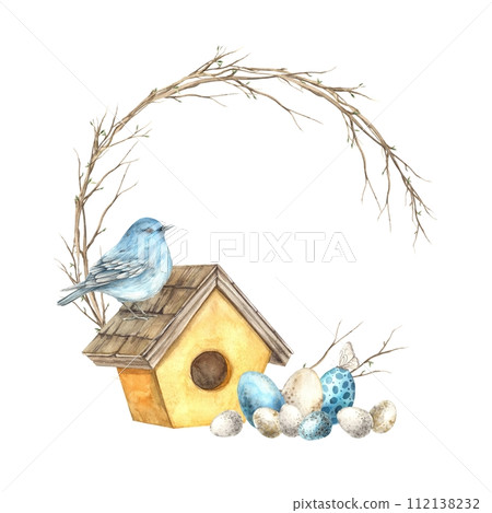 Watercolor branch wreath with blue bird, yellow birdhouse and Easter eggs. Easter holiday illustration hand drawn. Sketch on isolated background for greeting cards, invitations, happy holidays, poster Watercolor branch wreath with blue bird, yellow birdhouse and Easter eggs. Easter holiday illustration hand drawn. Sketch on isolated background for greeting cards, invitations, happy holidays, poster 112138232