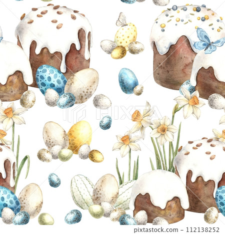 Watercolor Easter pattern with daffodils, Easter cake and eggs on a white background. Easter holiday illustration hand drawn. Sketch on isolated background for greeting cards, invitations, happy holid 112138252
