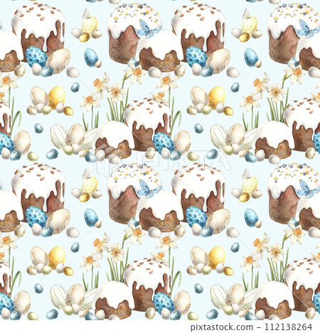 Watercolor Easter pattern with daffodils, Easter cake and eggs on a blue background. Easter holiday illustration hand drawn. Sketch on isolated background for greeting cards, invitations, happy holida 112138264