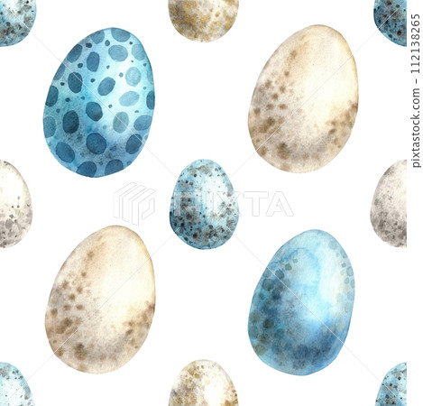 Watercolor Easter pattern of eggs on a white background. Easter holiday illustration hand drawn. Sketch on isolated background for greeting cards, invitations, happy holidays, posters, fabric, wallpap Watercolor Easter pattern of eggs on a white background. Easter holiday illustration hand drawn. Sketch on isolated background for greeting cards, invitations, happy holidays, posters, fabric, wallpap 112138265