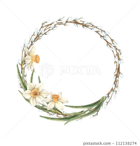 Watercolor wreath of spring branches with delicate daffodils. Easter holiday illustration hand drawn. Sketch on isolated background for greeting cards, invitations, banners, posters, textiles, labels. Watercolor wreath of spring branches with delicate daffodils. Easter holiday illustration hand drawn. Sketch on isolated background for greeting cards, invitations, banners, posters, textiles, labels. 112138274