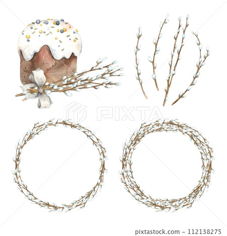 Watercolor set with Easter Easter cake and willow. The illustration is hand drawn on an isolated background. Drawing for greeting cards, invitations, posters, book illustrations, fabric, design. 112138275