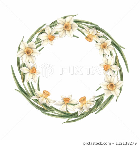 Watercolor Easter round frame of beautiful daffodils with green leaves. The illustration is hand drawn on an isolated background. Drawing for greeting cards, invitations, posters, book illustrations,  112138279