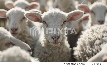 AI-generated content. Serene sheep gathering: close-up portrait of a woolly flock in its natural habitat 112138319