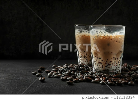AI-generated content. Elegant glasses filled with creamy coffee on a rustic wooden table illuminated by soft, warm lighting - ideal for cafes and restaurants 112138354