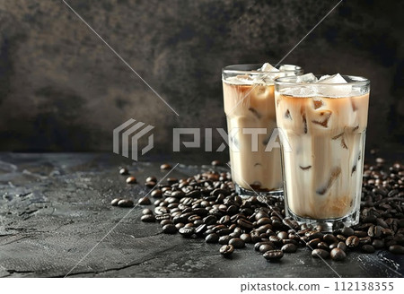 AI-generated content. Elegant glasses filled with creamy coffee on a rustic wooden table illuminated by soft, warm lighting - ideal for cafes and restaurants 112138355