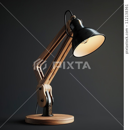 AI-generated content. Elegant adjustable table lamp that illuminates a dark room, ideal for reading and workspaces, wood and metal design 112138361