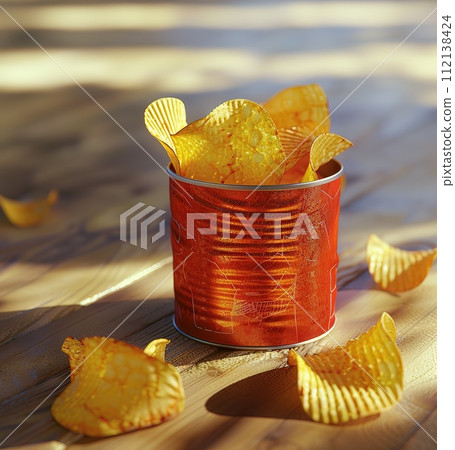 AI-generated content. Crispy golden potato chips in glossy red packaging, perfect for snacking 112138424