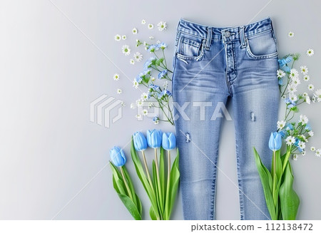 AI-generated content. A spring fashion ensemble with bright pink accessories and blue jeans on a pink background is perfect for a casual yet stylish look. 112138472