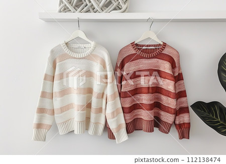 AI-generated content. Elegant striped sweaters hanging on the wall are a modern fashion statement for your fall/winter wardrobe. 112138474