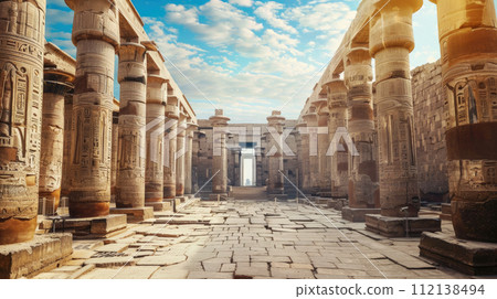 Inside Ancient Egyptian temple, luxury columns of old building in Egypt, perspective view of fiction historical architecture interior. Theme of pharaoh, civilization, travel, tomb Inside Ancient Egyptian temple, luxury columns of old building in Egypt, perspective view of fiction historical architecture interior. Theme of pharaoh, civilization, travel, tomb 112138494