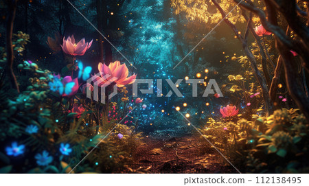 Fairy tale forest with luminous flowers, path in dark magical woods, glowing neon plants and lights in wonderland. Concept of fantasy world, nature, space, art 112138495