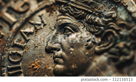 Ancient Greek Roman coin for vintage background, face of emperor or king on old silver money closeup. Concept of Rome, Greece, antique, art, civilization, texture and history. Ancient Greek Roman coin for vintage background, face of emperor or king on old silver money closeup. Concept of Rome, Greece, antique, art, civilization, texture and history. 112138513