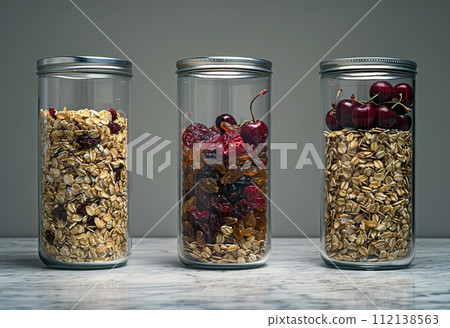 AI-generated content. A variety of dried and fresh fruits with oats and nuts poured from a glass jar, ideal ingredients for a healthy breakfast or snack AI-generated content. A variety of dried and fresh fruits with oats and nuts poured from a glass jar, ideal ingredients for a healthy breakfast or snack 112138563