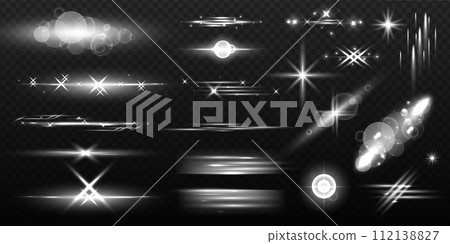 Light effect set. Glowing glare and realistic shining effect. Blinding sunshine mockup. Lens glints or camera flash. Glowing isolated set of bright transparent light effects, glare, explosion 112138827
