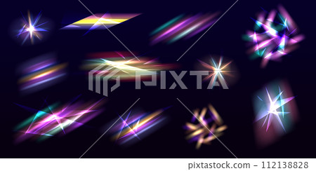 Rainbow crystal light leak flare reflection effect. Iridescent crystal leak glare reflection effect. Realistic set of bright iridescent glares, rainbow flares isolated on transparent background. Rainbow crystal light leak flare reflection effect. Iridescent crystal leak glare reflection effect. Realistic set of bright iridescent glares, rainbow flares isolated on transparent background. 112138828