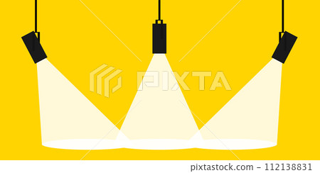 Lamp illumination icon in flat style. Spotlight vector illustration. Movie spotlight. Vector flat spotlight on yellow background with space for text. Lamp illumination icon in flat style. Spotlight vector illustration. Movie spotlight. Vector flat spotlight on yellow background with space for text. 112138831