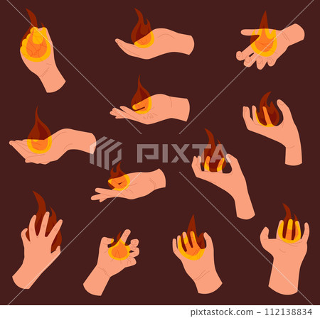 Set human hands with fire or flame. Fire elements. Colorful vector illustration Set human hands with fire or flame. Fire elements. Colorful vector illustration 112138834