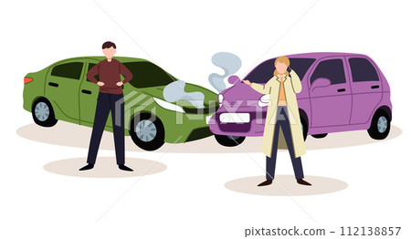 Car accident. Crash, collision at road traffic. Auto collision. Damaged vehicles, road accident collision 112138857