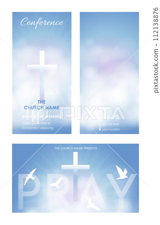Christian religious Pray design. Church flyer. Celebrate the Risen Savior. Christian cross Church conference flyer social media post web banner. 112138876