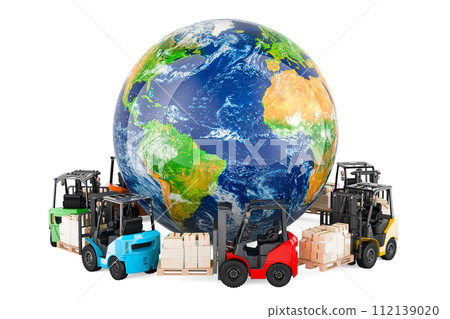 Forklift truck with parcels around Earth Globe. Worldwide delivery, global freight transportation, concept. 3D rendering 112139020