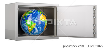Safe box with Earth Globe. Security and protection concept, 3D rendering 112139022