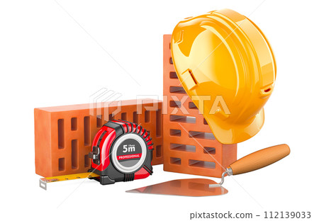 Bricks with masonry trowel, hard hat and tape measure. Construction concept. 3D rendering 112139033