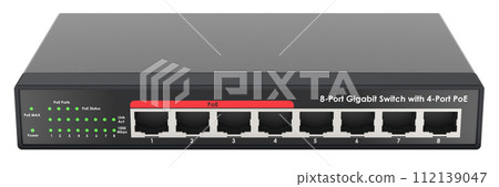 8 Port Gigabit Switch with 4 port PoE. 3D rendering 112139047