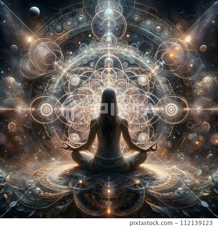 AI-generated content. A person in a meditative pose with an elaborate cosmic and spiritual backdrop. AI-generated content. A person in a meditative pose with an elaborate cosmic and spiritual backdrop. 112139123