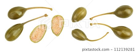 Capers isolated on white background. Pickled or canned capers. Top view. Flat lay Capers isolated on white background. Pickled or canned capers. Top view. Flat lay 112139281