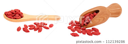 Dried goji berries in wooden spoon and scoop isolated on white background with full depth of field 112139286
