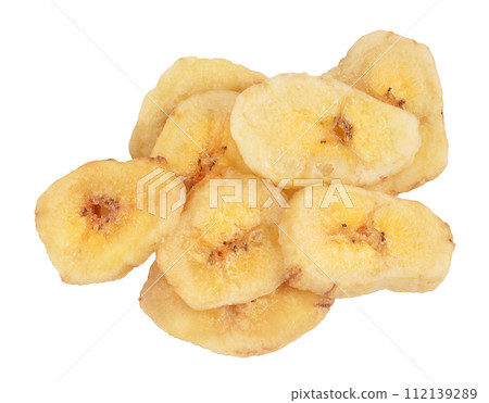 Dried banana chips isolated on white background with full depth of field. Top view. Flat lay 112139289