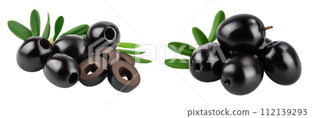 Black olives with leaves isolated on a white background with full depth of field. 112139293