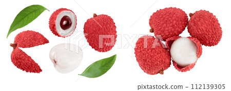 lychee fruit isolated on white background with full depth of field. Top view. Flat lay lychee fruit isolated on white background with full depth of field. Top view. Flat lay 112139305