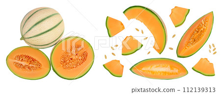 Cantaloupe melon isolated on white background with full depth of field. Top view. Flat lay Cantaloupe melon isolated on white background with full depth of field. Top view. Flat lay 112139313